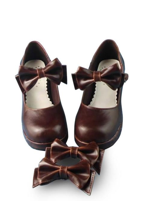 Coffee Color Mirror Face Concise Bowknot Lolita High Heel Shoes