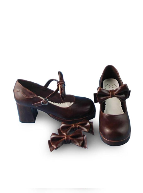 Coffee Color Mirror Face Concise Bowknot Lolita High Heel Shoes