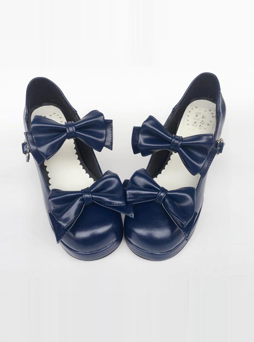 Navy Blue Matte Concise Bowknot Lolita High Heel Shoes