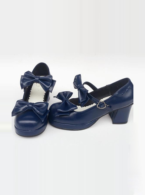 Navy Blue Matte Concise Bowknot Lolita High Heel Shoes