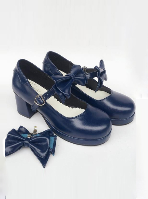 Navy Blue Matte Concise Bowknot Lolita High Heel Shoes