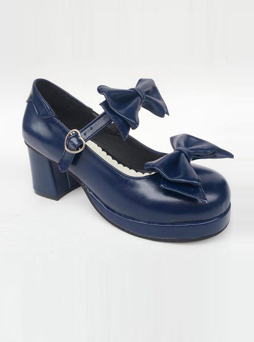 Navy Blue Matte Concise Bowknot Lolita High Heel Shoes