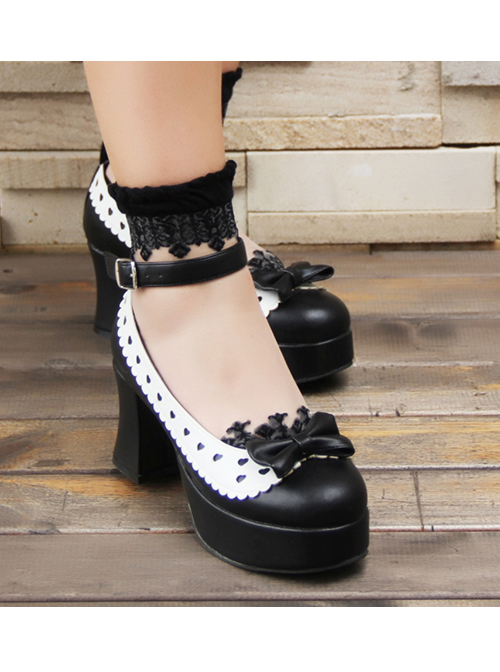 Hollow Out Heart Shape White Lace Bowknot Sweet Lolita Black High Heel Shoes