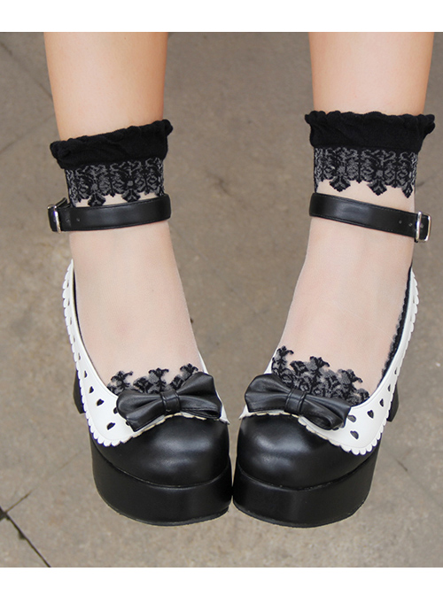 Hollow Out Heart Shape White Lace Bowknot Sweet Lolita Black High Heel Shoes