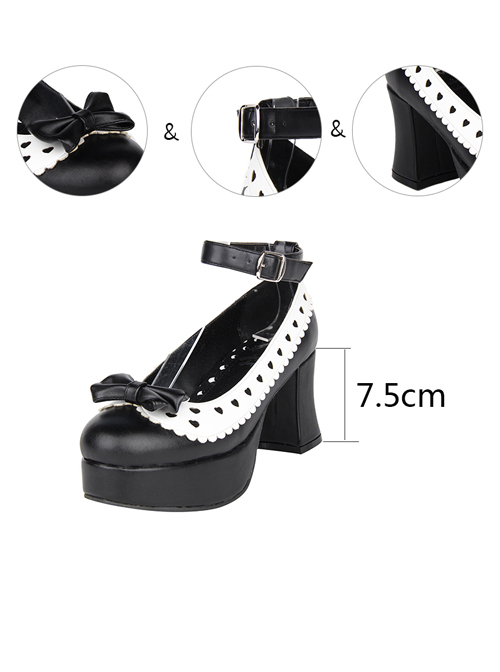 Hollow Out Heart Shape White Lace Bowknot Sweet Lolita Black High Heel Shoes