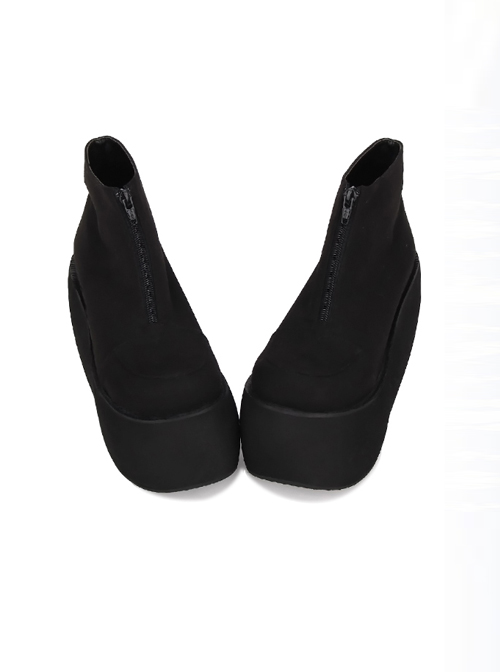 Pure Black Front Zipper Punk Lolita Platform Short Boots