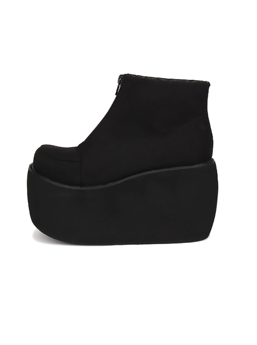 Pure Black Front Zipper Punk Lolita Platform Short Boots