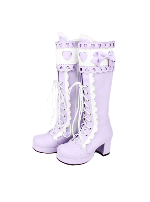 Sweet Lace Bowknot Heart-shaped Round-toe Lolita High Boots