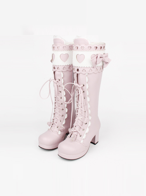 Sweet Lace Bowknot Heart-shaped Round-toe Lolita High Boots