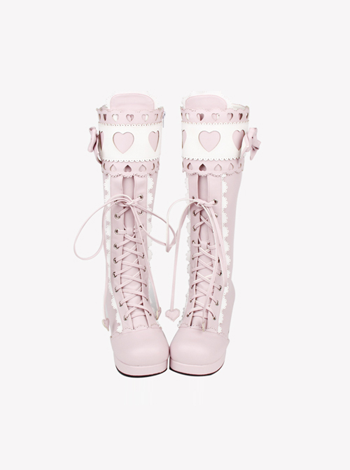 Sweet Lace Bowknot Heart-shaped Round-toe Lolita High Boots