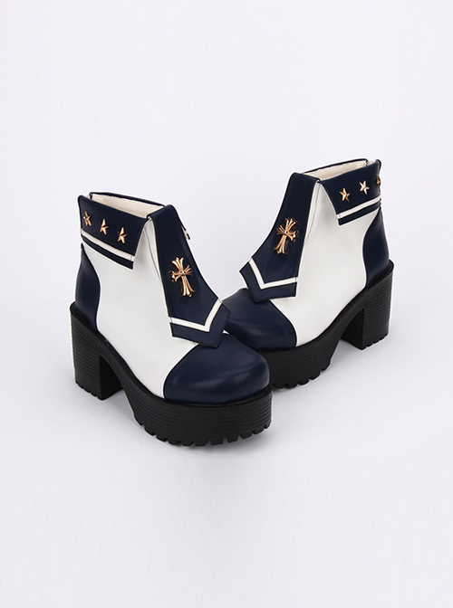 Navy Style Cross Decoration High Heel Ankle Boots