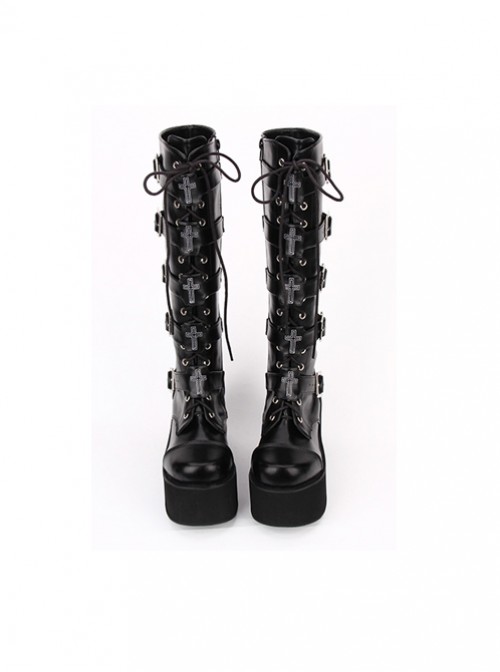 Punk Black Cross Ornament Lace-up Lolita High Boots