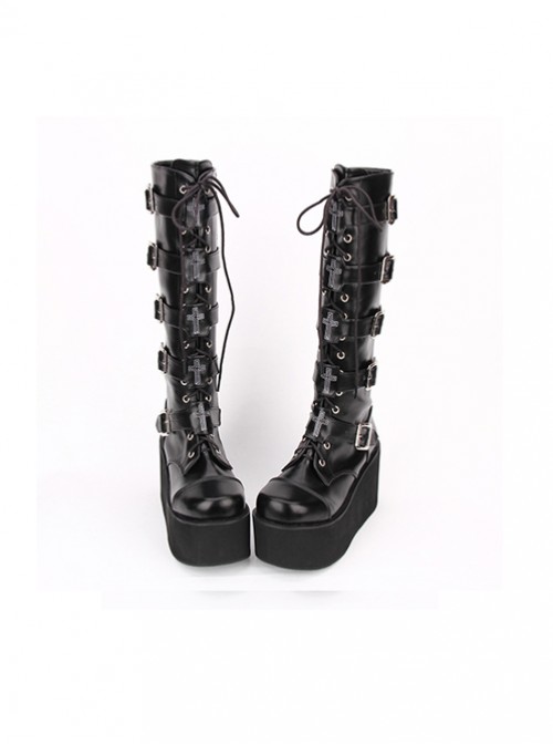 Punk Black Cross Ornament Lace-up Lolita High Boots