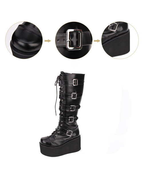 Punk Black Cross Ornament Lace-up Lolita High Boots