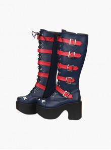 Punk Stars Pattern Red Buckles Dark Blue Lolita High Boots