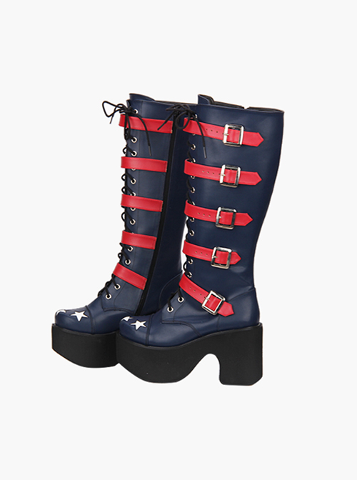 Punk Stars Pattern Red Buckles Dark Blue Lolita High Boots