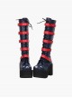 Punk Stars Pattern Red Buckles Dark Blue Lolita High Boots