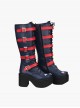 Punk Stars Pattern Red Buckles Dark Blue Lolita High Boots