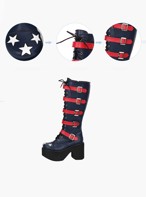 Punk Stars Pattern Red Buckles Dark Blue Lolita High Boots