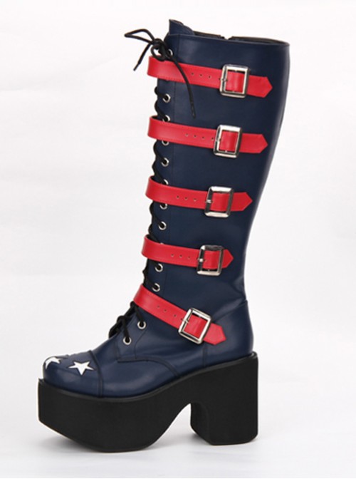 Punk Stars Pattern Red Buckles Dark Blue Lolita High Boots