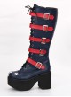 Punk Stars Pattern Red Buckles Dark Blue Lolita High Boots