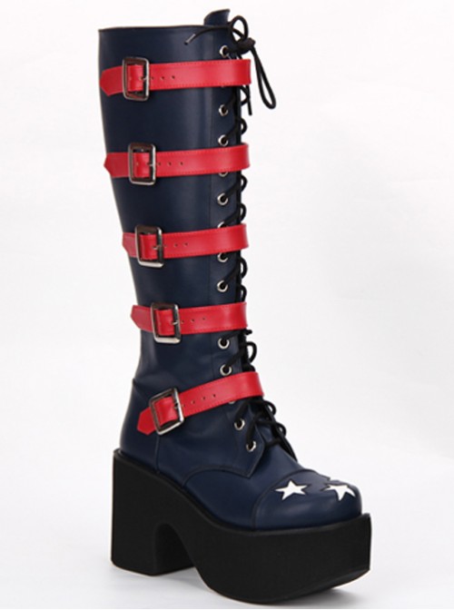 Punk Stars Pattern Red Buckles Dark Blue Lolita High Boots