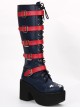Punk Stars Pattern Red Buckles Dark Blue Lolita High Boots