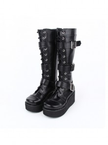 Punk Black Belt Buckle Lace-up Lolita Middle Barrel Boots