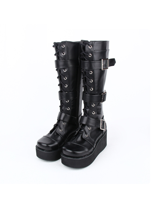 Punk Black Belt Buckle Lace-up Lolita Middle Barrel Boots