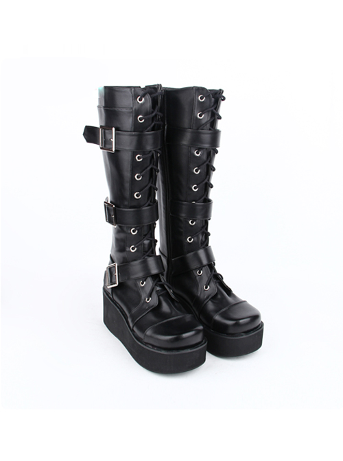 Punk Black Belt Buckle Lace-up Lolita Middle Barrel Boots