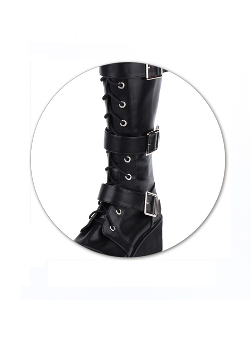 Punk Black Belt Buckle Lace-up Lolita Middle Barrel Boots