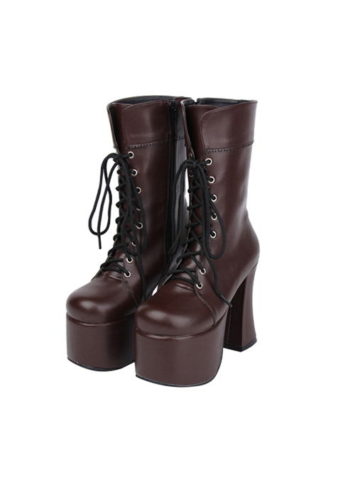 Brown Round-toe Lace-up Thick Bottom Lolita Middle Barrel Boots