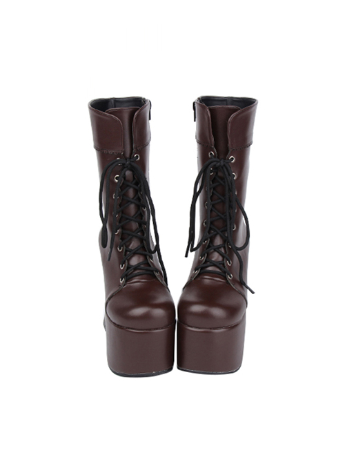 Brown Round-toe Lace-up Thick Bottom Lolita Middle Barrel Boots