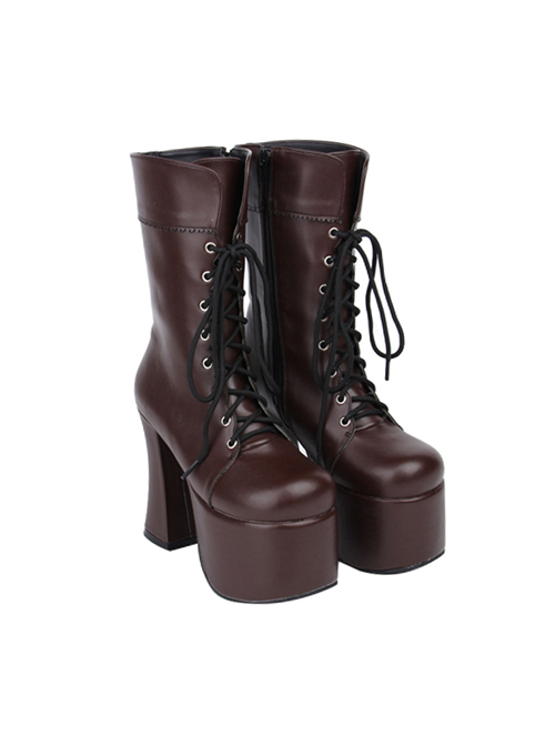 Brown Round-toe Lace-up Thick Bottom Lolita Middle Barrel Boots