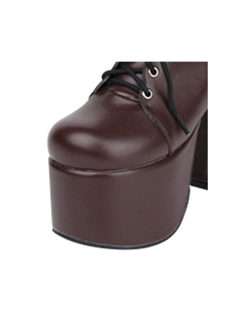 Brown Round-toe Lace-up Thick Bottom Lolita Middle Barrel Boots