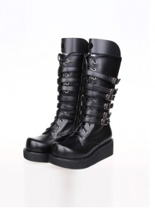 Punk Black Leather Belt Buckle Lace-up Lolita High Boots