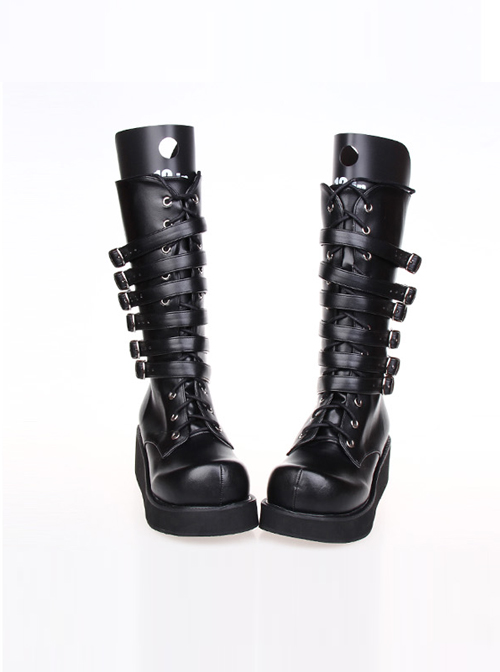 Punk Black Leather Belt Buckle Lace-up Lolita High Boots