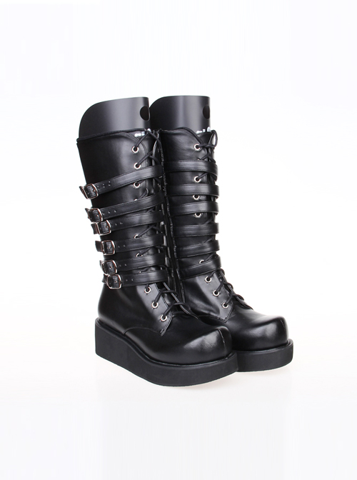 Punk Black Leather Belt Buckle Lace-up Lolita High Boots