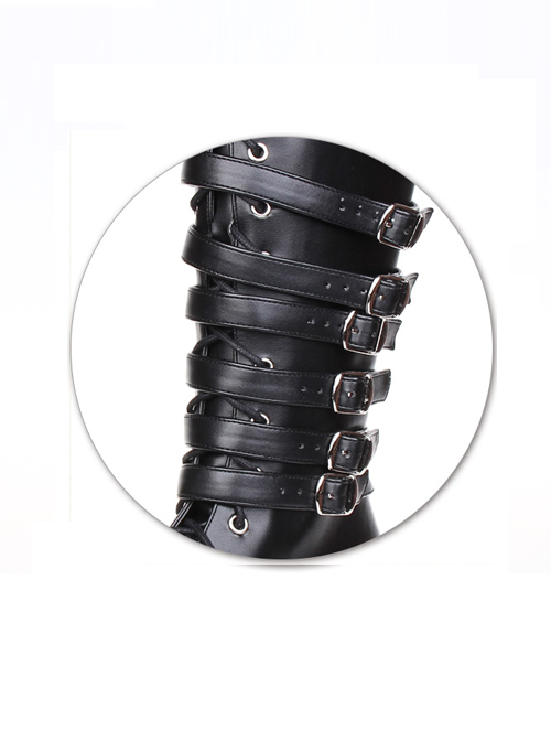 Punk Black Leather Belt Buckle Lace-up Lolita High Boots