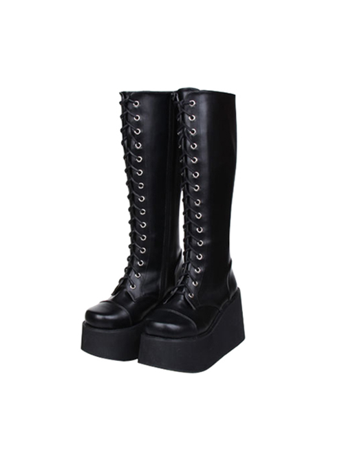 Concise Lace-up Black Lolita High Boots