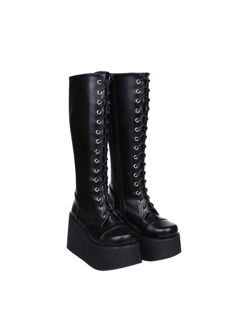 Concise Lace-up Black Lolita High Boots