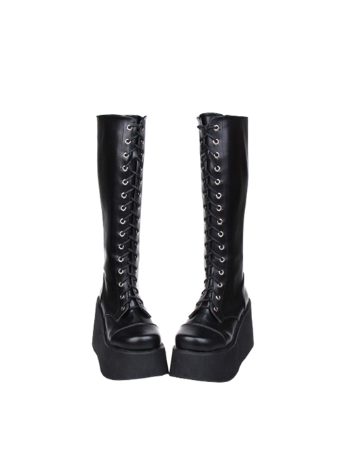 Concise Lace-up Black Lolita High Boots