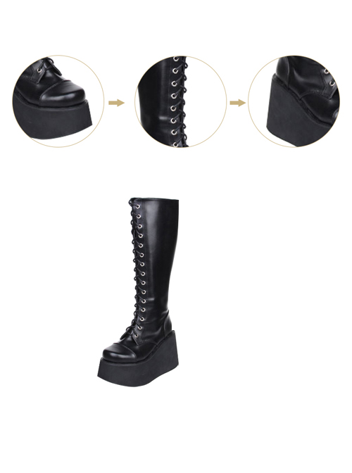 Concise Lace-up Black Lolita High Boots