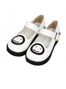 Smiling Face Pattern White Buckle Band Lolita Flat Shoes