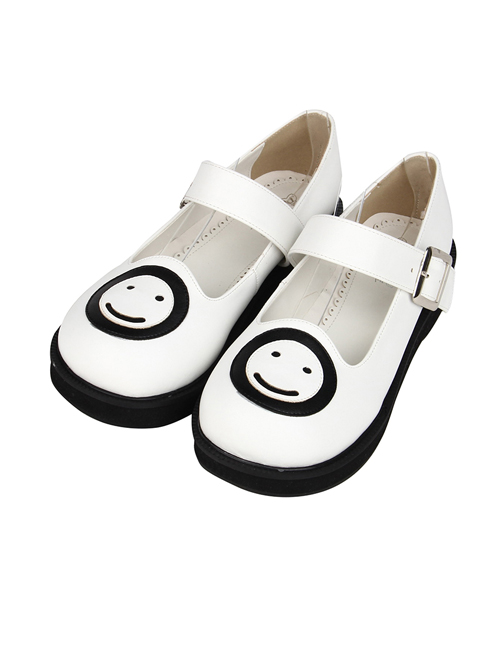 Smiling Face Pattern White Buckle Band Lolita Flat Shoes