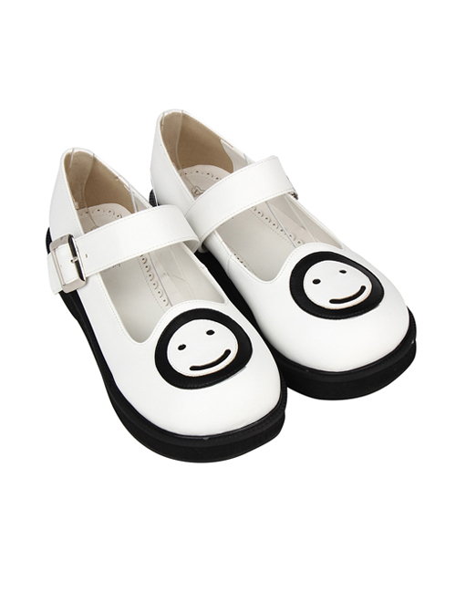 Smiling Face Pattern White Buckle Band Lolita Flat Shoes