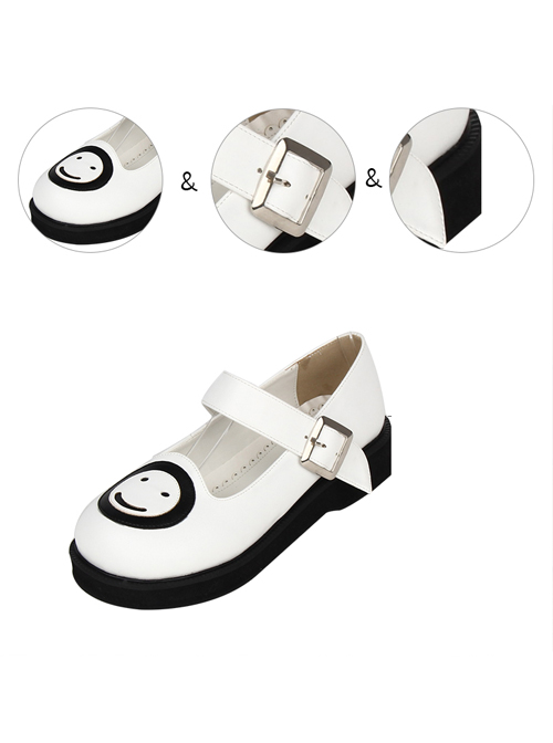Smiling Face Pattern White Buckle Band Lolita Flat Shoes