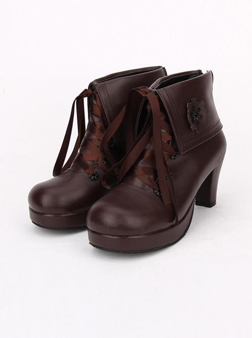Brown Gear Decoration Lace-up Lolita High Heel Short Boots