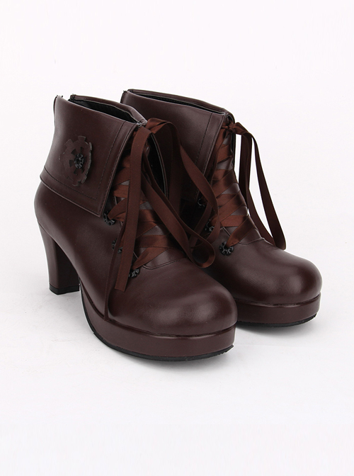 Brown Gear Decoration Lace-up Lolita High Heel Short Boots