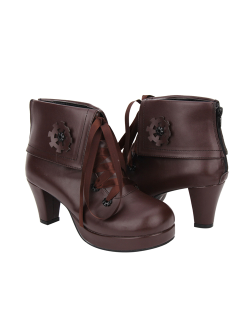 Brown Gear Decoration Lace-up Lolita High Heel Short Boots